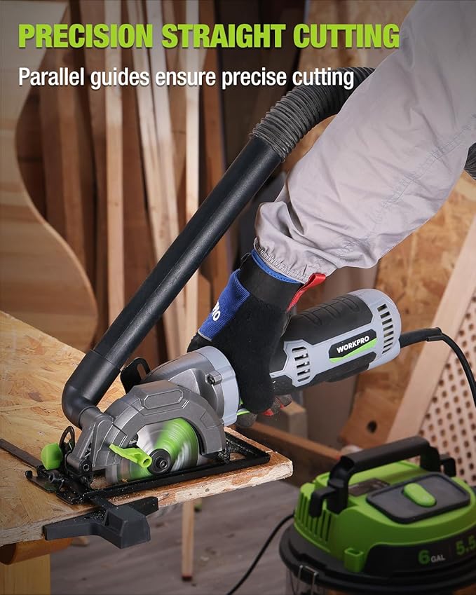 WORKPRO 5.8Amp 3500RPM Circular Saw with Parallel Guide, Maximum Cutting Depth 1-11/16''(90°),1-1/8''(45°), Compact Circular Saw with Three 4-1/2" Blades for Wood, PVC, Tile, Cement Block