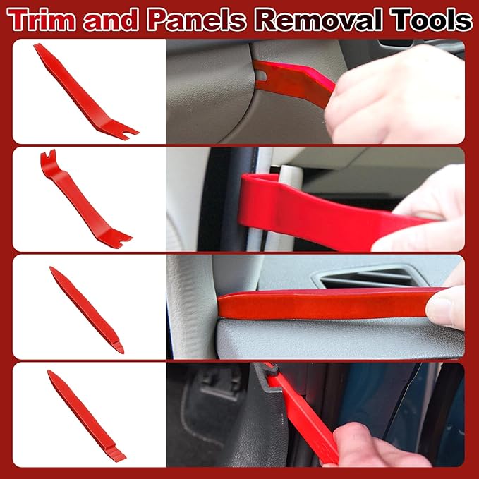 Keze 7 Pcs Auto Trim Removal Tool Kit for Car Panel Dashboard Door Clips and Upholstery with Plastic Pry Tool & Clip Pliers – No Scratch Design Professional Automotive Repair Tools Set, Red