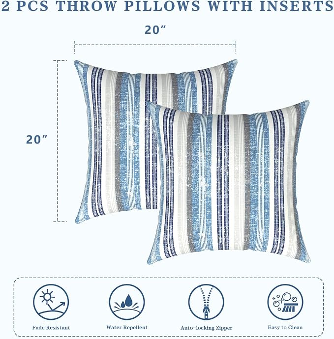 LVTXIII Outdoor Pillows 20x20 Inch, 2 Pack Large Decorative Square Throw Pillows with Inserts for Couch, Bed, Floor Seating, Patio Furniture, Stripe Layered Blue
