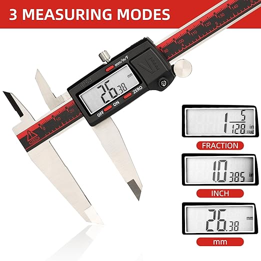VINCA IP54 Grade Digital Caliper, DCLA-1205 12 Inch/300mm, Inch/Millimeter/Fraction Conversion, Stainless Steel, Large LCD Screen