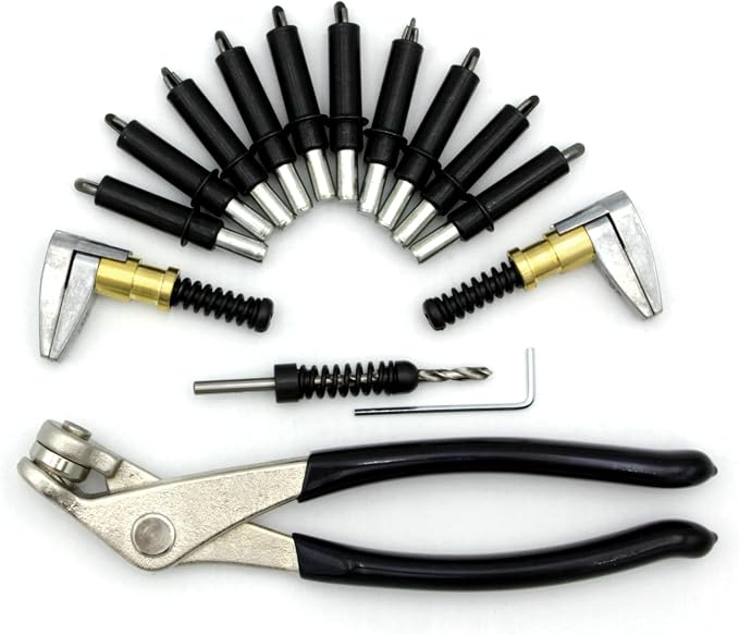 5/32" Mini Cleco Kit, with Cleco Pliers, 10 5/32" Clecos, 2 Side Clamps, and #21 Drill Bit with Spring Drill Stop.