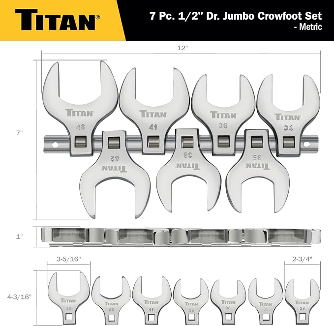 Titan 17670 7-Piece 1/2-Inch Drive Metric Jumbo Crowfoot Wrench Set