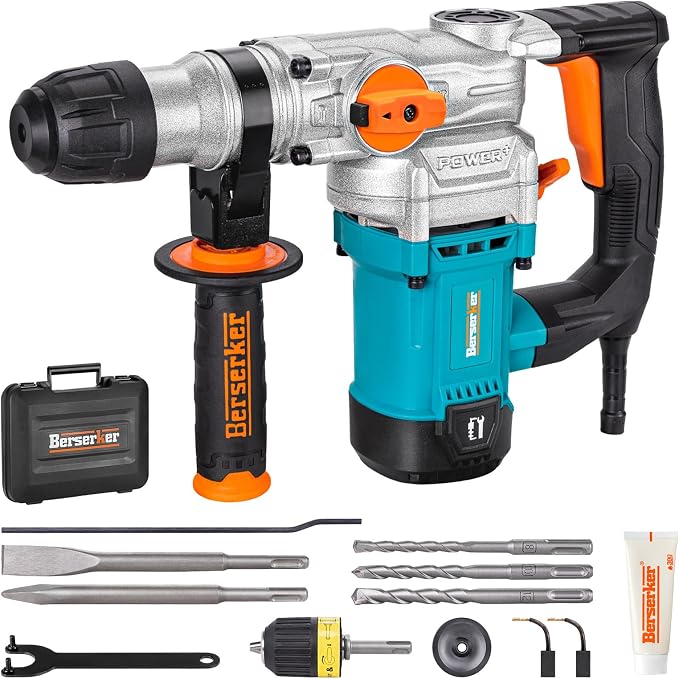 Berserker 1-1/8" SDS-Plus Rotary Hammer Drill with 1/2" Keyless Adapter | 1050W 9 Amp 3 Functions 9.5 lb. Corded Electric Safety Clutch Rotomartillo for Concrete Cement Masonry Drilling,Tile Removal