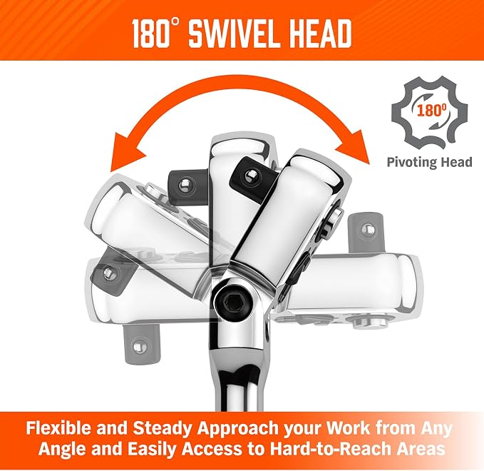 HORUSDY 3/8" Drive 90-Tooth Flex Head Ratchet Handle, 180° Adjustable CR-V Ratchet with Quick Release & Reversible Switch, 4° Swing Arc Socket Wrench for Automotive, Bike & DIY Repair