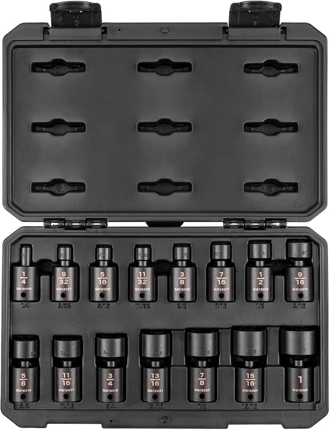 TEKTON 3/8 Inch Drive Universal Joint Impact Socket Set | SID97301 | 15-Piece, (1/4 - 1 in.), Shallow, 6-Point