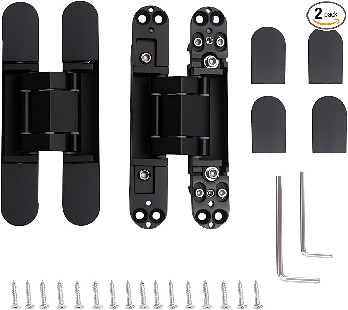 2-Pack 6 inch Hidden Door Hinges Heavy Duty Black, Invisible Concealed Hinges Zinc Alloy 6''x 2.5''x1Inch,180 Degree Swing Hinge, 3 Way Adjustable Hinge with Pins and Screws (2, Black)