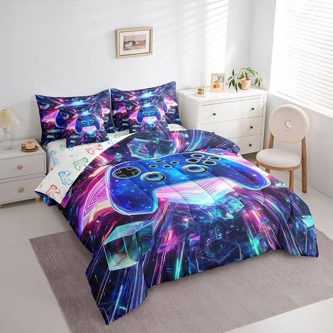 Erosebridal Galaxy Gaming 7 Piece Comforter Set Full Bed in a Bag | 3D Cube Gamer Bedding Sets Diamond Neon Lights Comforter and Sheet Set, Modern Game Consoles Bed Sets