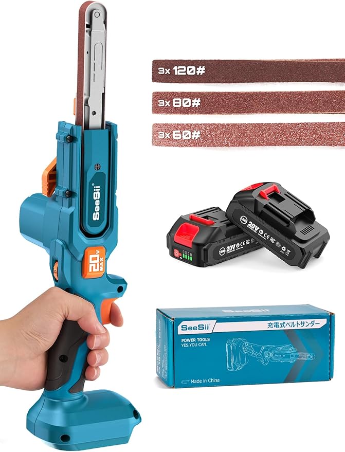 Seesii Belt Sander 1/2" x 18", 6 Speeds Max 1700 FT/Min, with 2 * 2.0Ah Battery, Charger, Hand Held Belt Sander for Metal Working, Wood, Plastic, Auto Grinding