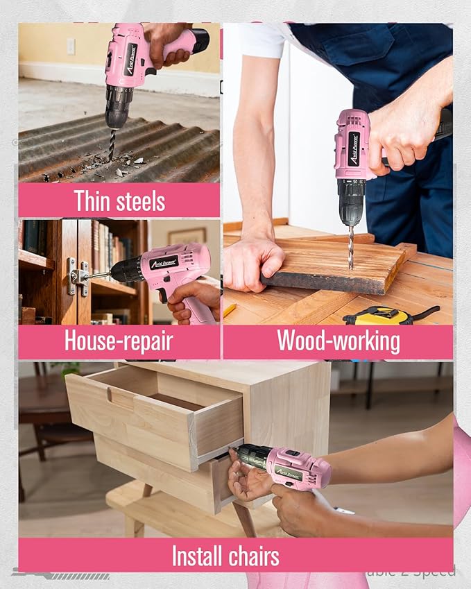 AVID POWER 12V Cordless Drill, 3/8-Inch Keyless Chuck, High-Speed 1400 RPM & 25+1 Torque Control, Electric Power Drill Kit with 21pcs Bits, Battery and Charger-Pink