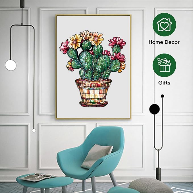 Delobil Stained Glass Cactus Wooden Puzzles for Adults, 500 Pieces Jigsaw Puzzles, Unique Shaped Royal Size Wood Puzzle Gift for Adults and Kids, Family Game 15.2'' x 17.7''