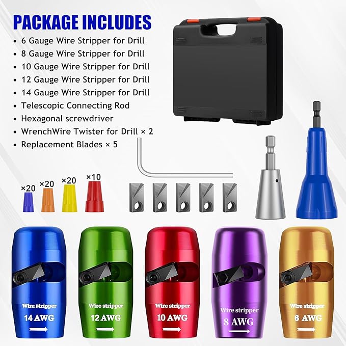 Wire Stripper Twister Tool for Drill,2026 Upgraded Wire Stripping Tool & Wire Twisting Connector for Cutters 6-14 AWG,8 In 1 Professional Electrician Twister Stripping with 70 PCS Wire Nut 5 PCS Blade