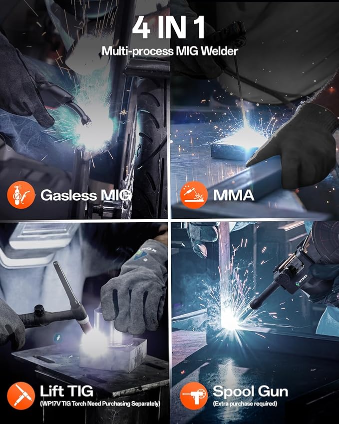 HITBOX Synergy MIG Welder 110V/220V 145A Flux Core Welder 4 IN 1 Gasless MIG/Lift TIG/Stick/Support Spool Gun Portable Welding Machine with Large Colorful Digital Display
