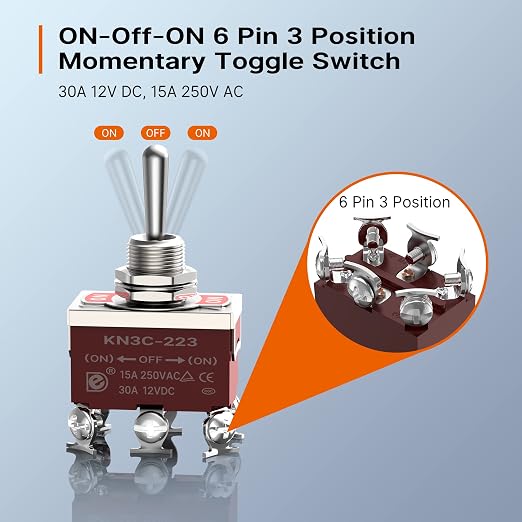 Joinfworld Momentary Toggle Switch 12V DC 3 Way 30 Amp DPDT 6 Pin (ON)-Off-(ON) Waterproof Marine Toggle Switch 12 Volt Heavy Duty with Boot Cover Cap for Automotive Boat Auto Air Train - 4Pack