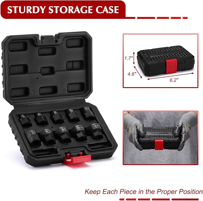 EMENTOL 3/8" Drive Stubby Impact Socket Set, SAE, 1/4"-3/4", Low Profile Impact Nano Sockets, 10-Piece, CR-MO