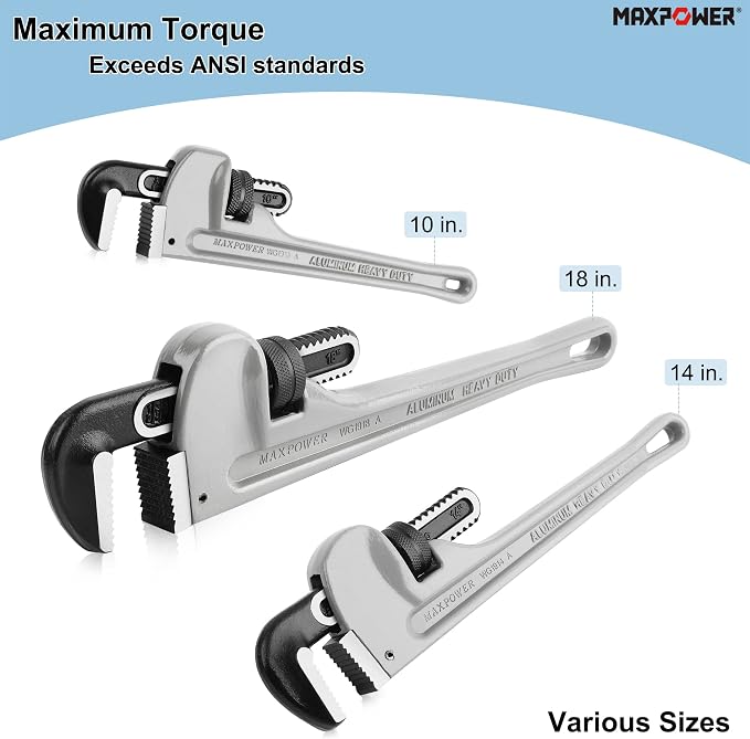 MAXPOWER 14-Inch Pipe Wrench, 2-inch Jaw Capacity | 40% Lighter Aluminum Plumbing Wrench, Heavy Duty Straight Pipe Wrenches