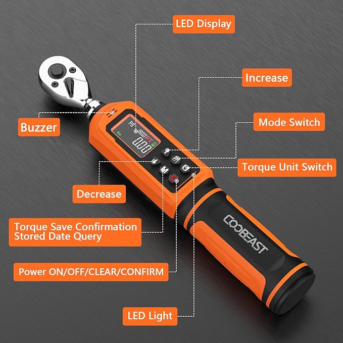 coobeast Digital Torque Wrench 1/4 Drive, 0.33-22.1 Ft.lbs./0.45-30Nm Range, Electronic Torque Screwdriver with Dual Direction Ratchet, Buzzer and LED Alert for Bicycle, Bike, DIY and Home Repair