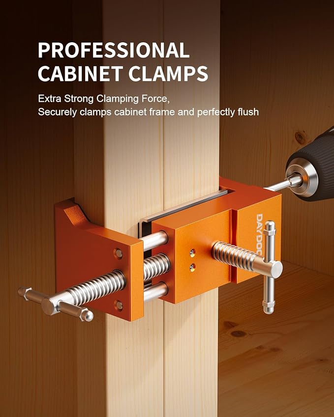 DAYDOOR Professional Cabinet Installation Clamps 4 Pack, Heavy Duty Face Frame Alignment Tool with Integrated Drill Guide & EVA Protection, Woodworking Claw Clamps, Orange