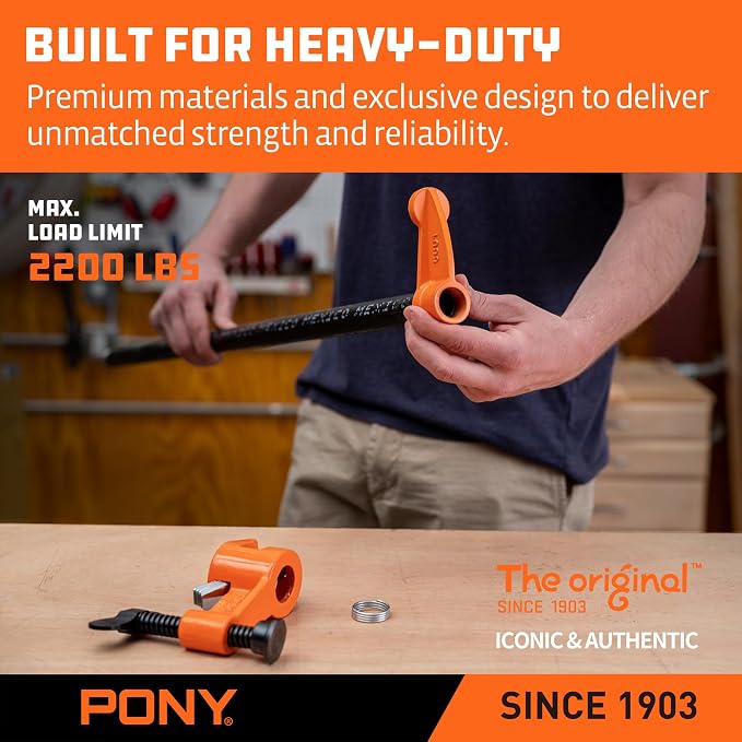 PONY Original Deep-Reach Pipe Clamp Fixture Set, 2 Pack 3/4″ Pipe Clamp Tools, 2.5″ Throat Depth, Reversible Spreader Heads, Multi-Disc Clutch for Woodworking, Carpentry, DIY