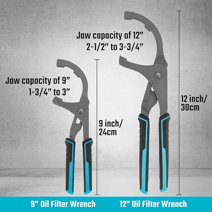 2-Piece Oil Filter Wrench Set (9" & 12") with Large Teeth & Grip | Forged gripping jaws firmly secure oily filters. 9" & 12" sizes deliver wide clamping range for diverse automotive tasks.