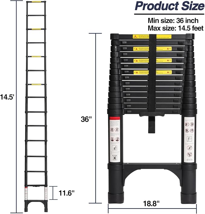 BOCOM 14.5 FT Aluminum Telescoping Ladder, Lightweight Multi-Purpose Collapsible Extension with 2 Triangle Stabilizers, Heavy Duty 330 lbs Max Capacity, Ideal for Home, RV, and Outdoor Work Black