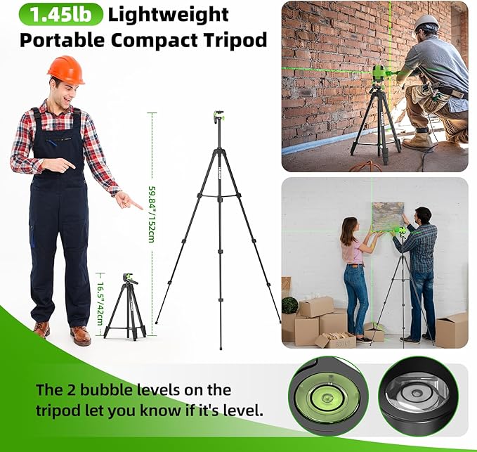 Laser Level with 60in Tripod, HUEPAR 98Ft Self Leveling Laser Level Green Line Laser Cross Line Laser Leveler Tool for Picture Hanging, Home Renovation, Indoor Project, Battery&Carrying Bag Included
