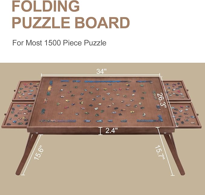 TEAKMAMA 1500Pcs Jigsaw Puzzle Table with 4 Drawers for Adults,Brown | Wooden Jigsaw Foldable Puzzle Board with legs,with Protective Cover,Multifunctional Game Table,34W x 26.3D