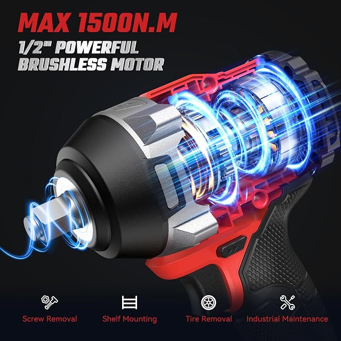 OLIBUY Cordless Impact Wrench for Mwkee M-18 Battery, 1106Ft-lbs (1500N.m) 1/2 Electric Impact Driver, 3 Speed High Torque Impact Gun with 6 Sockets, Impact Wrench for Car Home Mower (No Battery)