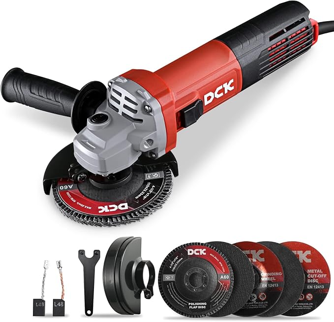 DCK 9.0 Amp Angle Grinder, 4-1/2 Inch Electric Grinder Power Tool, 11800 RPM, Auxiliary Handle and 2 Safety Guards, 6 Piece Discs, Copper Angle Grinder for Cutting, Grinding, Polishing (KSM17-115B)