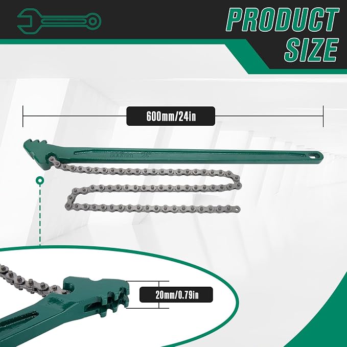 24 Inch Chain Wrench, Adjustable Ratcheting Chain Oil Filter Wrench Heavy Duty Fits Max 12.6 Inch Diameter for Pipe Installation and Car Repair