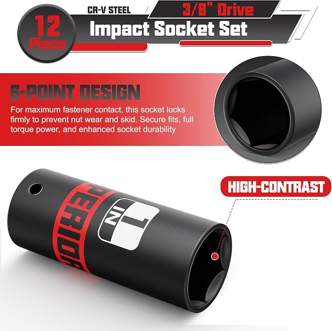 12 Piece 3/8" Drive Impact Socket Set, 5/16"- 1" Deep Socket, SAE, 6 Point, CR-V, Automotive Motorcycle and Bicycle Maintenance, Machinery Manufacturing