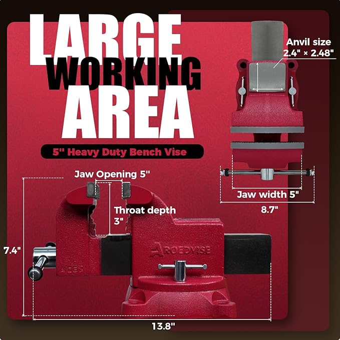 5" Heavy-Duty Bench Vise, 5" Jaw Width & Opening, 7,718 lbs Clamping Force, 60,000 PSI Ductile Iron Vise with 360° Swivel Base, Anvil & Pipe Jaws for Metalworking, Woodworking & DIY (RS50)