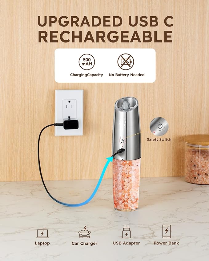 9oz XL Capacity Sangcon Gravity Electric Salt and Pepper Grinder Set Shaker Rechargeable - USB-C No Battery Needed One Hand Operation Adjustable Coarsenes Automatic Mill