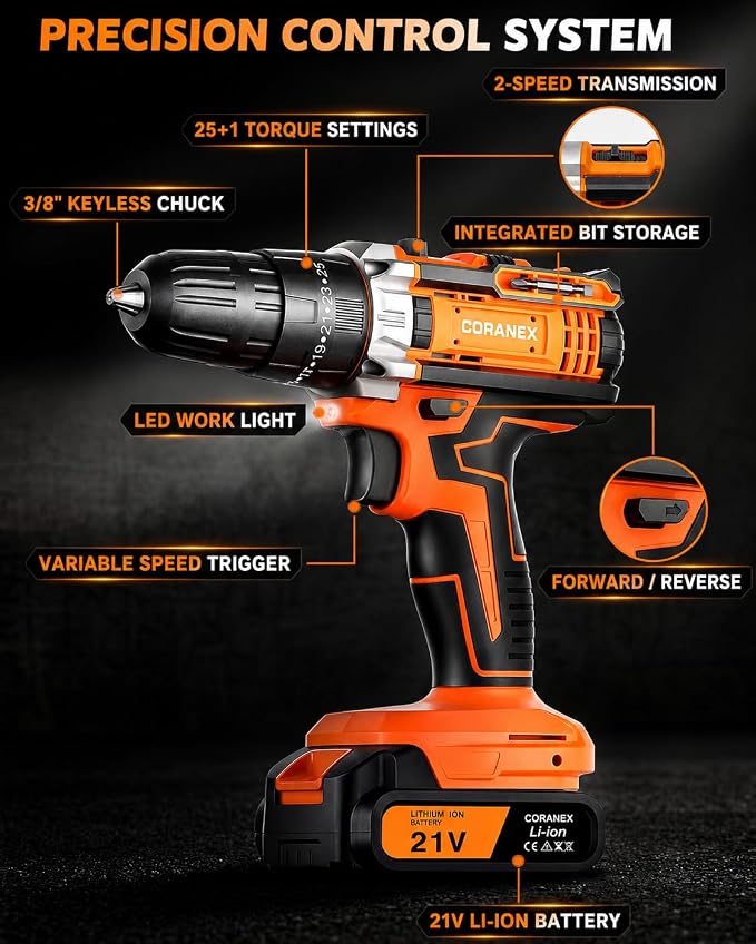 21V Cordless Drill Set with Case | Easy to Control & Lightweight | 2 Batteries | 3/8" Keyless Chuck | For Home Repair & Furniture Assembly