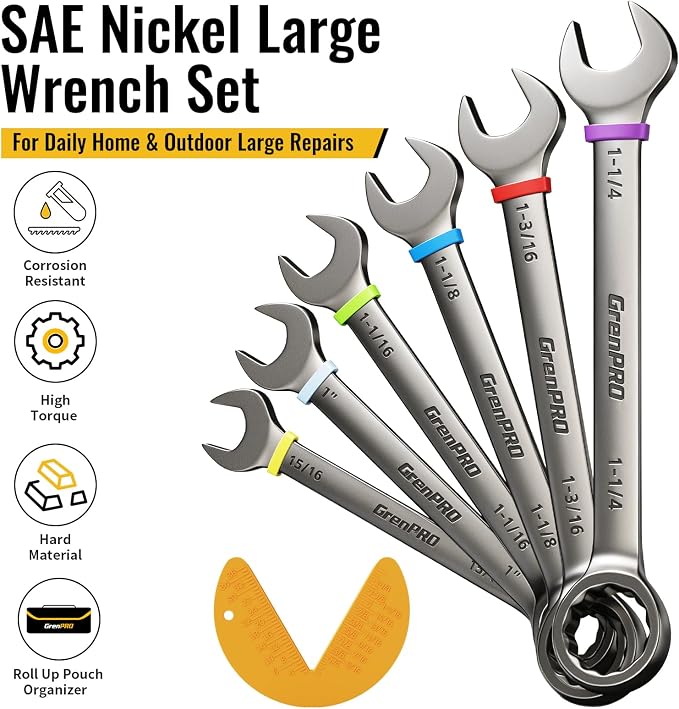 GRENPRO 15/16"-1-1/4" Large SAE Wrench Set, Combination Open End Tool Sets | Long Wrench Tool Set, 15-Degree Offset, 12-Point Box-End & Roll-Up Pouch With Gauge, Nickel Plated CR-V, Convenient Storage