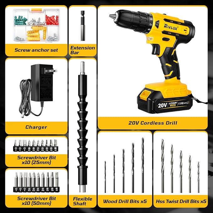 20V Cordless Drill Set,Electric Power Drill Cordless,Power Drill Drivers,Electric Screwdriver - 2.0Ah Batteries, 30Nm，21+1 Torque,2 Speed, Built-in LED,Kit for Home, Yellow