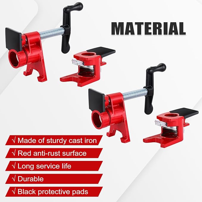 4 Pack 3/4" Wood Gluing Pipe Clamp Set with Foot and Protective Pad