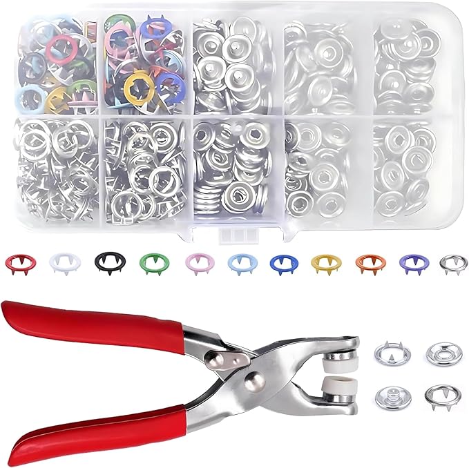 50 Sets Metal Snaps Buttons with Fastener Pliers Press Tool Kit, Prong Ring Snap Button Fasteners for DIY Crafts Clothes Hats and Sewing, Easy Installation for Fabric (9.5mm / 200 PCS) (Multicolor)