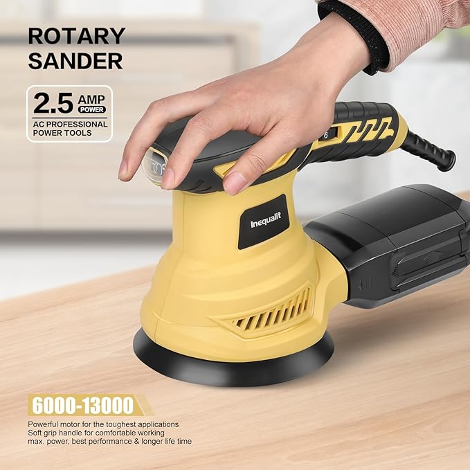 Random Orbital Sander, 2.5Amp 4.9-Inch Corded Palm Sander, Max 13000 OPM Electric Drywall Sander with 6 Variable Speed, 20Pcs Sandpapers and Dust Bag for Woodworking, Sanding, Polishing