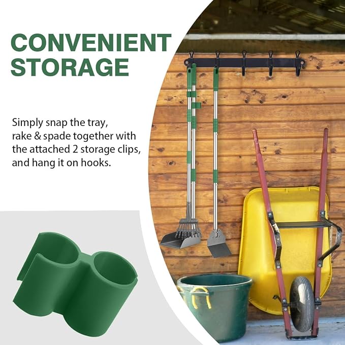 FUSBUNTY Pooper Scooper, Long Handle Dog Pooper Scooper, Heavy Duty Stainless Steel Rake with Tray & Spade Set for Pet Waste Removal, for Grass, Dirt or Gravel - Green