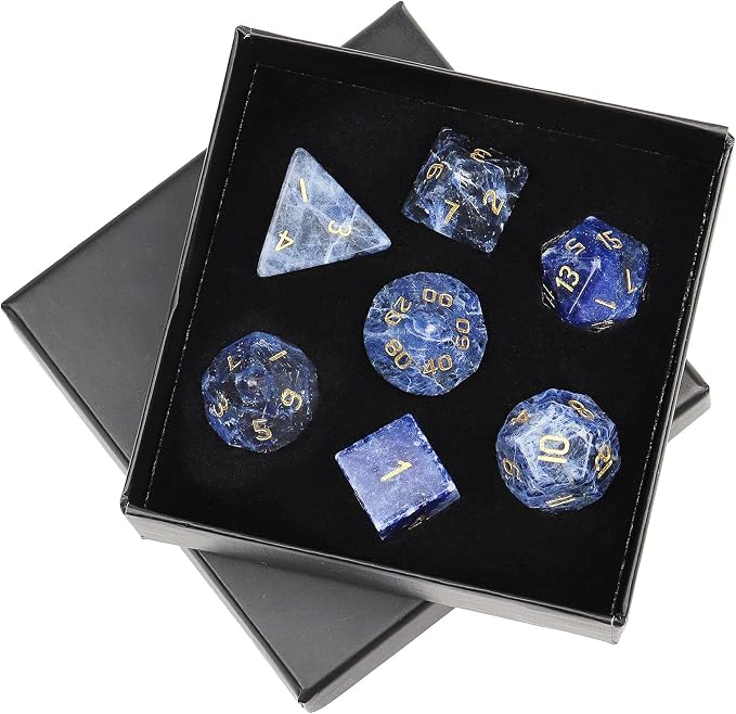 mookaitedecor 7 PCS Sodalite Crystal Polyhedral DND Dice Set, Polished Tumbled Stones Dices for RPG MTG Table Games Home Decoration