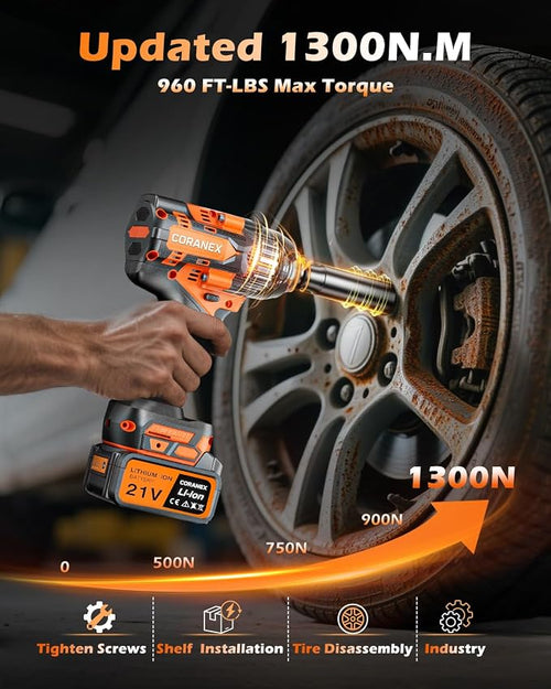 1/2" Cordless Impact Wrench | 1300N.m (960ft-lbs) | 2x4.0Ah Batteries - Longer Runtime | Fast Charger | Variable Speed Control | Brushless High Torque Impact Gun for Car/Mower/Pickup with Case