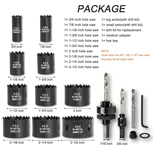 Bi-Metal Hole Saw Kit for Wood, Metal and Plastic, 10PCS Hole Saw Set with Case, Fast Chip Removal, Smooth Flat Drilling Edge