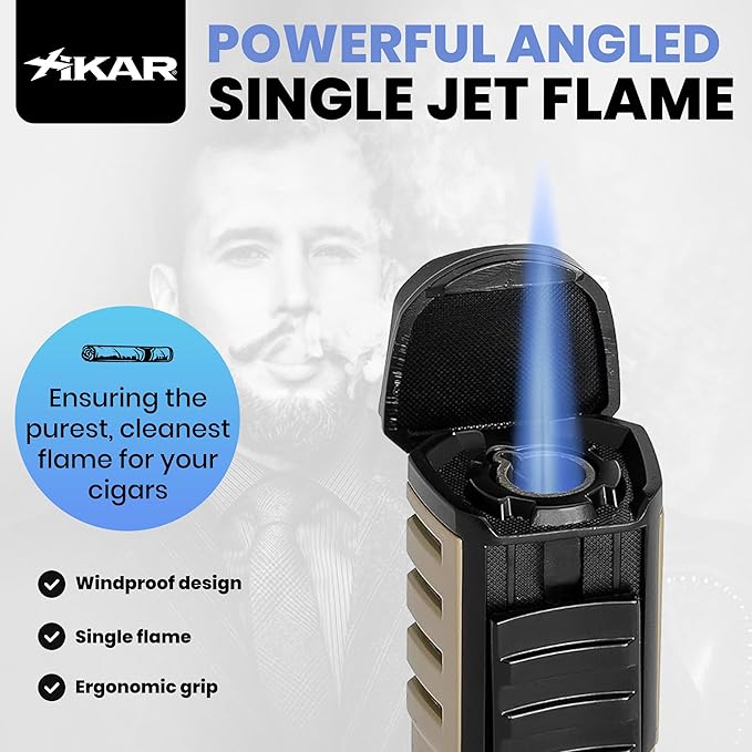 XIKAR Tactical Single-Jet Lighter, Tan and Black - Powerful Flame, Rugged Design with Rest Feature, Pocket Clip, EZ-View Fuel Window, and Adjustable Flame Height - Ideal for Outdoor Use