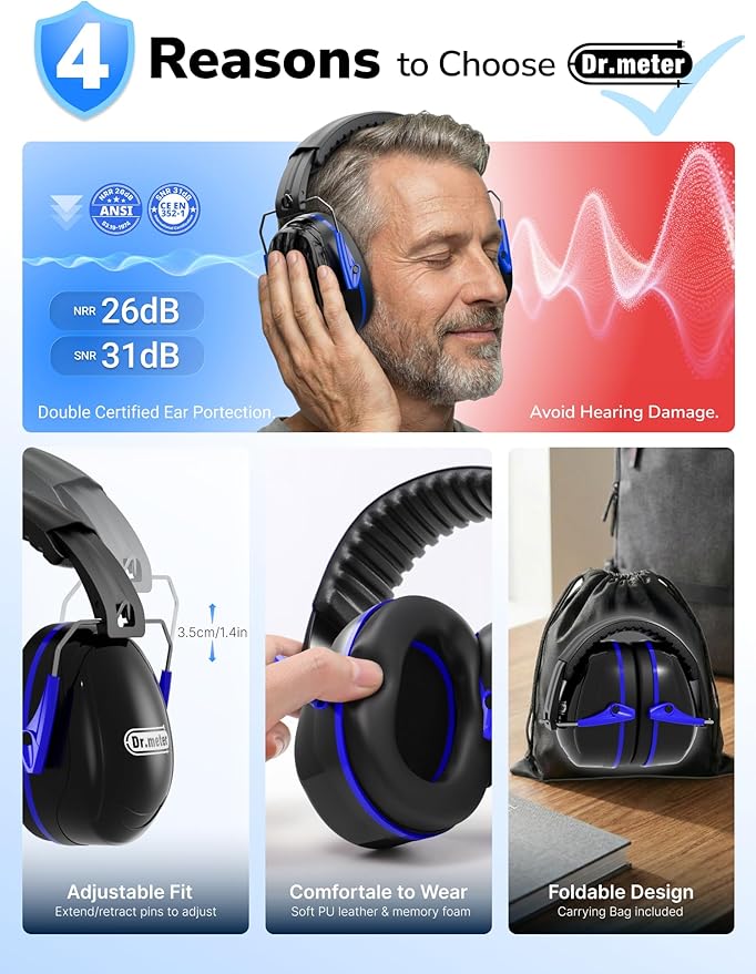 Dr.meter Noise Reduction Ear Muffs, SNR31dB Hearing Protection Sensory Earmuffs, Noise Cancelling Headphones for Adults Ear Protection for Gun Range, Yard Work, Mowing, Monster Truck, Fireworks