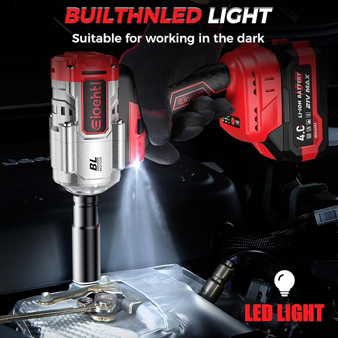 Eioehtl Cordless Impact Wrench 1200 Nm, 1/2 inch Impact Gun, 21V 4.0Ah×2 Batteries & Fast Charger, 3-Speed Control with LED Light, Includes 5 Sockets + Extension Bar + Carry Case [Energy Class A+++]