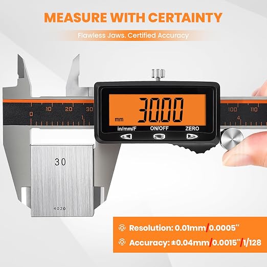 HARDELL Rechargeable Digital Caliper, 12 Inch Calipers with Large Orange Screen (No-Backlight), Auto-Off, Quick Change Button for Inch/MM/Fraction, Stainless Steel Vernier Caliper for Woodworking