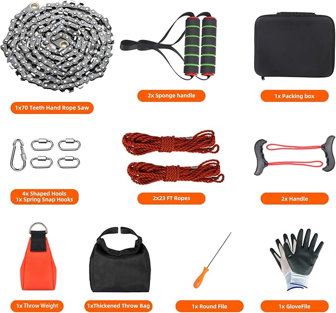 Rope Saw for Tree Limbs, 55 Inch Rope Chain Saw with 70 Sharp Teeth ＆ 46 Feet Ropes Kit, Rope Saw Tree Saw High Limb Rope Chainsaw, Pocket Chainsaw