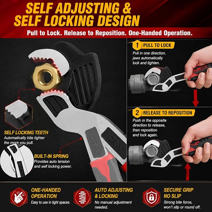 Self Adjusting Pipe Wrench, 4 Pcs Self locking Wrench, 6 8 10 12 Inch Pipe Wrench Set, Plumbing Wrench for 0.27“-1.7”(7-43mm) Pipe Fittings and Nuts, Chrome Vanadium Alloy Steel