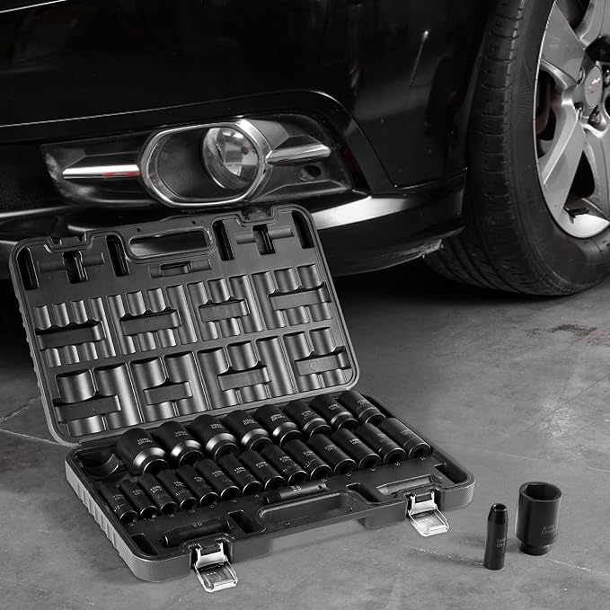 VEVOR Impact Socket Set, 26pcs x 1/2inch Metric 10mm-36mm Impact Sockets, 6-Point Deep Socket Rugged Construction High-torque, Cr-V 1/2 Inches Drive Socket Set Impact with a Storage Cage