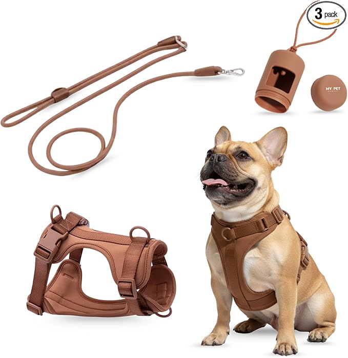 No Pull Dog Harness and Leash Set 3-in-1, Adjustable Anti Pull Dog Harness with Hands-Free Matching Leash and Poop Bag Holder, Easy Walk Dog Harness Medium, Small Sized Dog (Cocoa)